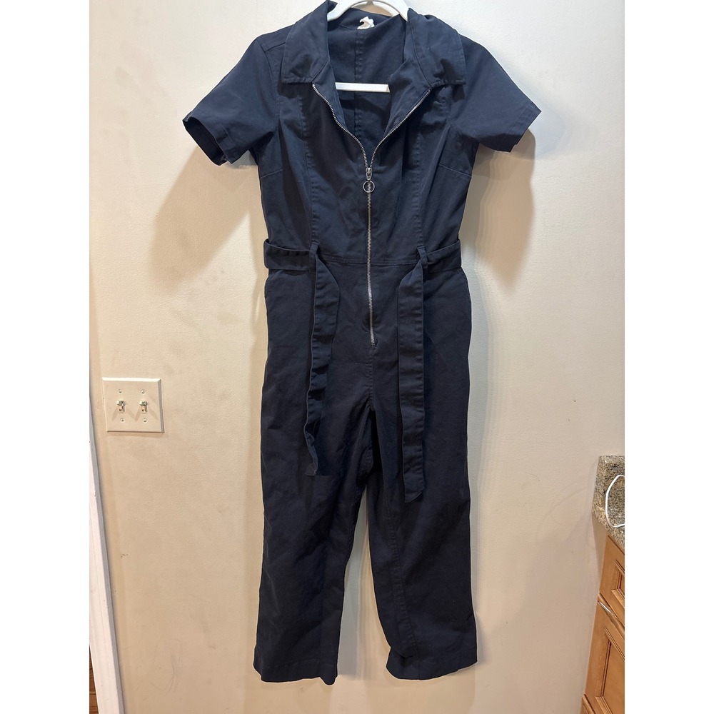 Joanie Black Short Sleeve Cropped Boiler Suit Jumpsuit Zip Front Belted US 6